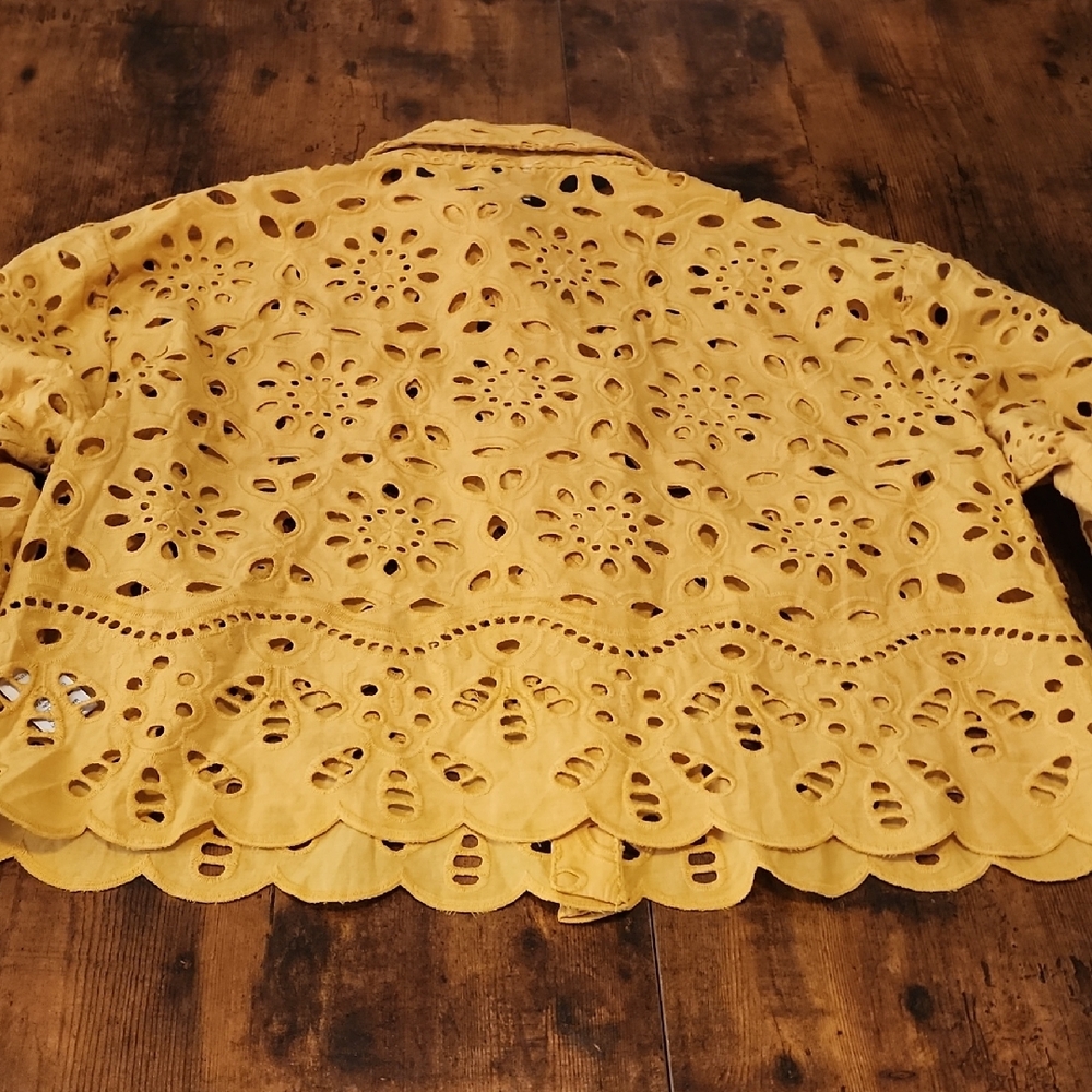 JOIE | Yellow Eyelet Lace Cropped Romantic Boho Feminine Boxy Button Blouse | M - Picture 11 of 12